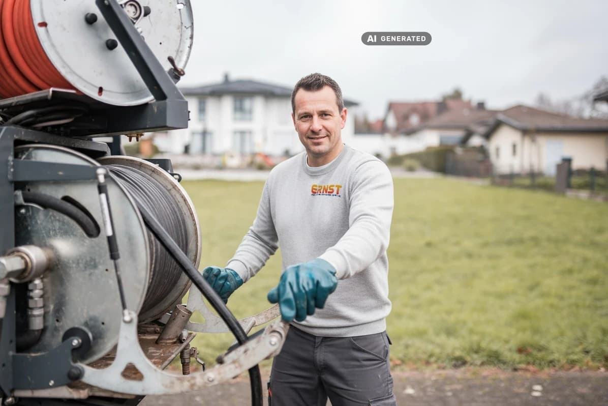 Techniker mit der Spülschlauch-Trommel am Einsatzort