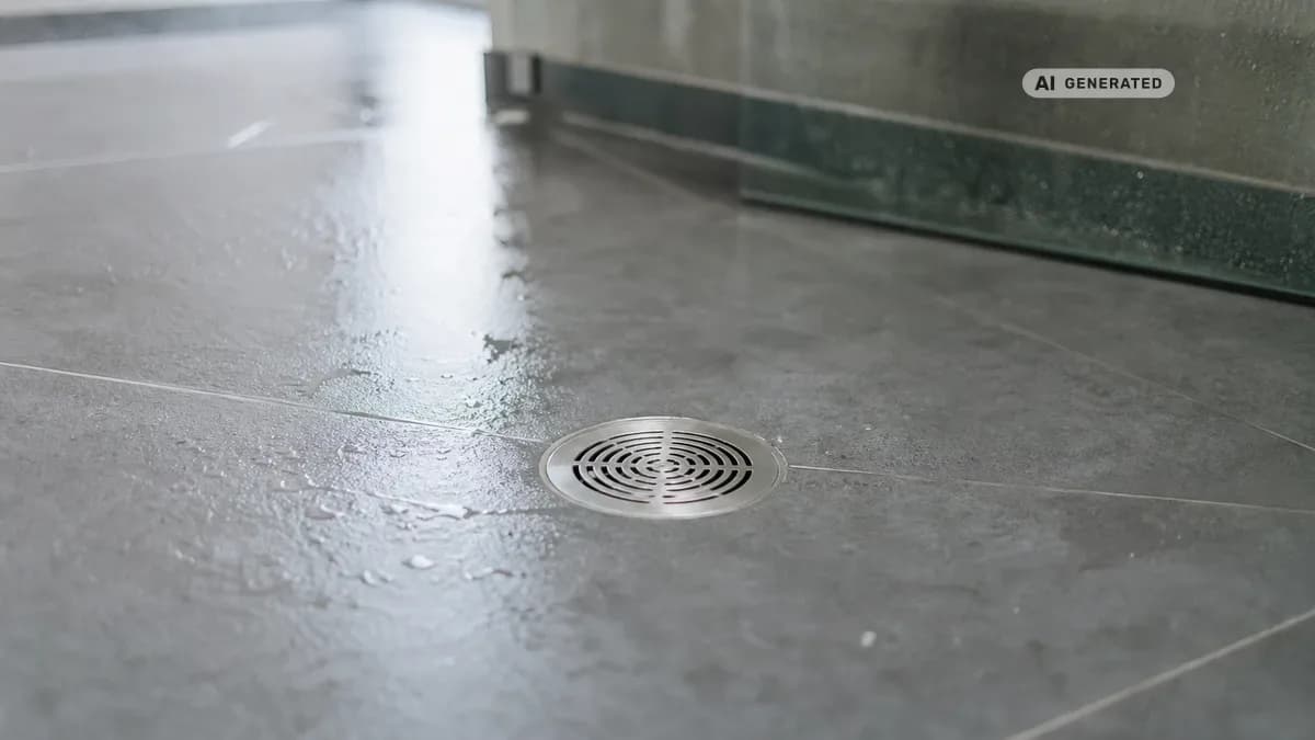 KI-generiertes Bild: Ebenerdige bodengleiche Dusche mit runder Punktablauf-Blende im gefliesten Boden, das Wasser läuft ab