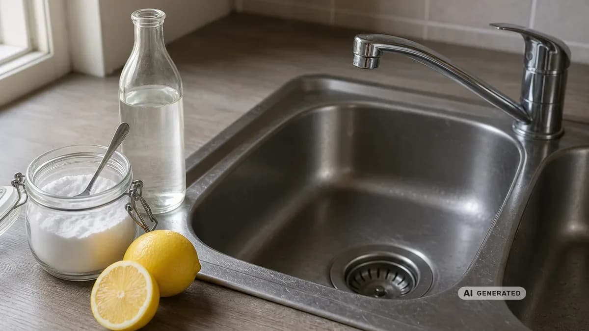 KI-generiertes Bild: Küchenspüle mit Natron, Essigflasche und Zitronen daneben als Hausmittel zur Abflussreinigung