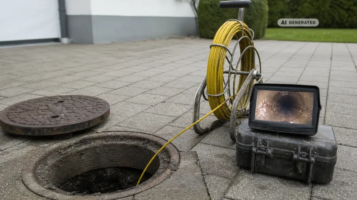 KI-generiertes Bild: Fachmann lässt eine Kanalkamera in einen offenen Revisionsschacht vor einem Einfamilienhaus hinab, neben ihm zeigt ein Monitor das Live-Bild aus dem Abwasserrohr