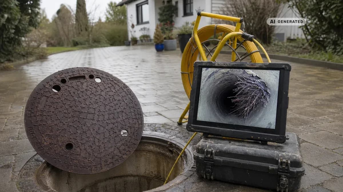 KI-generiertes Bild: Ein Techniker schiebt eine Kanalkamera am Schiebekabel in einen offenen Revisionsschacht vor einem Einfamilienhaus, neben ihm zeigt ein Monitor das Livebild aus dem Abwasserrohr mit eingeblendeter Meterangabe