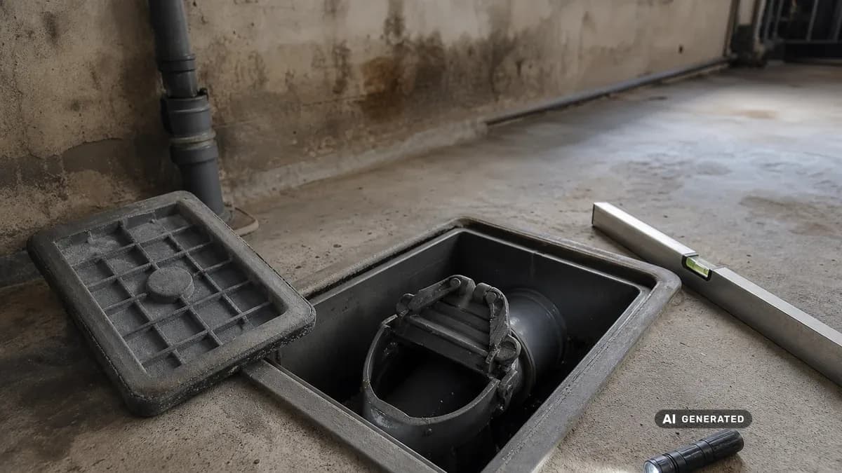 KI-generiertes Bild: Handwerker hebt im Keller den Revisionsdeckel einer horizontal in die Grundleitung montierten Rückstauklappe an, neben ihm liegt eine Wasserwaage