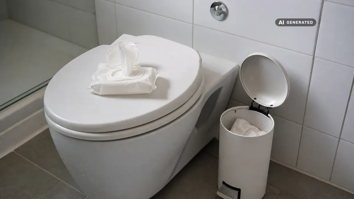 KI-generiertes Bild: Hand wirft ein Feuchttuch in einen Mülleimer neben der Toilette statt ins WC, Symbolbild für korrekte Entsorgung