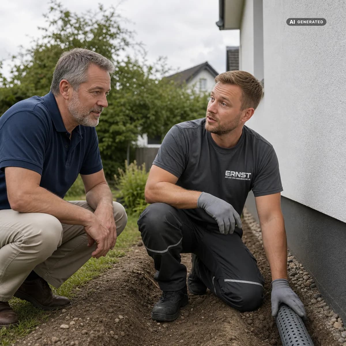 KI-generiertes Bild: Techniker berät Hausbesitzer zur Drainage am Gebäude