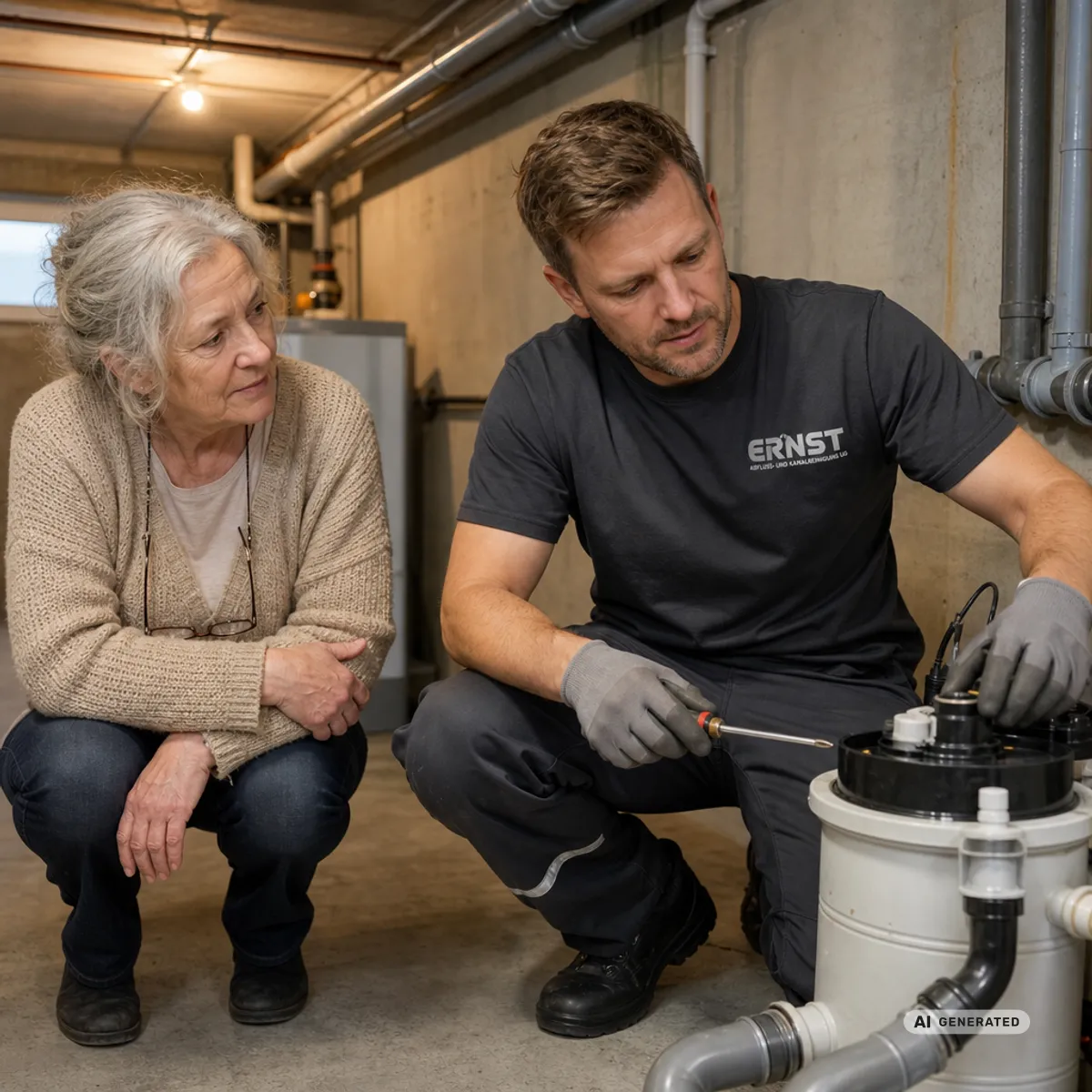 KI-generiertes Bild: Techniker wartet Hebeanlage im Keller des Kunden
