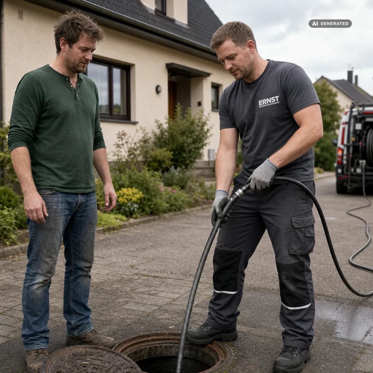 KI-generiertes Bild: Techniker reinigt Kanal per Hochdruckspülung am Haus